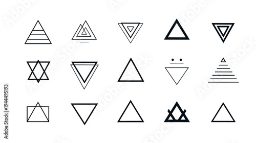 Set of geometric triangle icons. Abstract minimalist line art shapes for modern graphic design. Vector illustration.