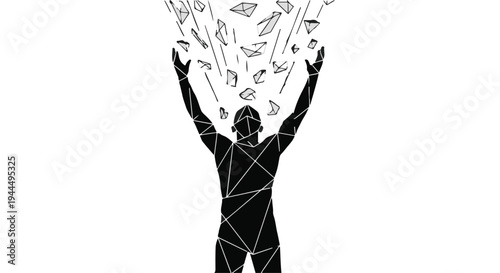 Man Looking Up with Raised Hands and Object Floating Above Vector Illustration