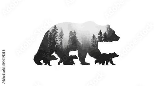 Monochrome Bear Family Silhouette with Forest Landscape Double Exposure - Nature's Wilderness Scene