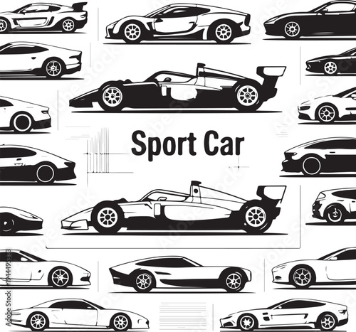 Sport car silhouettes pattern on transparent background iconic racing cars detailed graphics for automotive enthusiasts