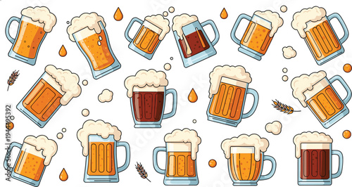 Beer mug vector collection featuring frothy lager ale and stout glasses with wheat stalks for brewery pub menu and Oktoberfest celebration party illustration designs.