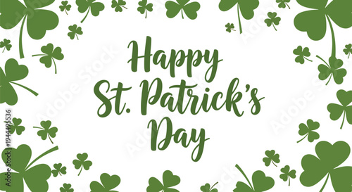 Modern vector illustration of Happy St. Patrick’s Day shamrock clovers arranged in decorative seamless pattern with clean festive Irish theme design