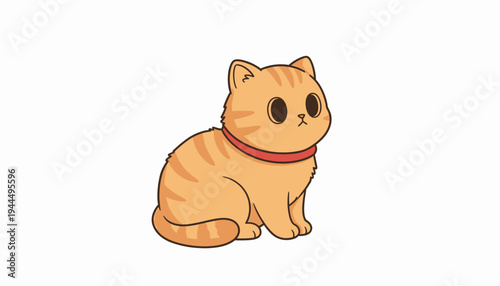 Cute cartoon cat with orange stripes and a red collar sitting.