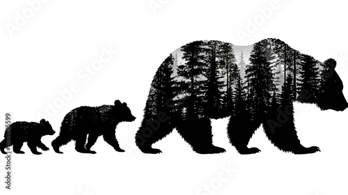 Nature-inspired bear family silhouette artwork, featuring an adult bear with forest texture, a cub, and a juvenile bear, symbolizing growth.