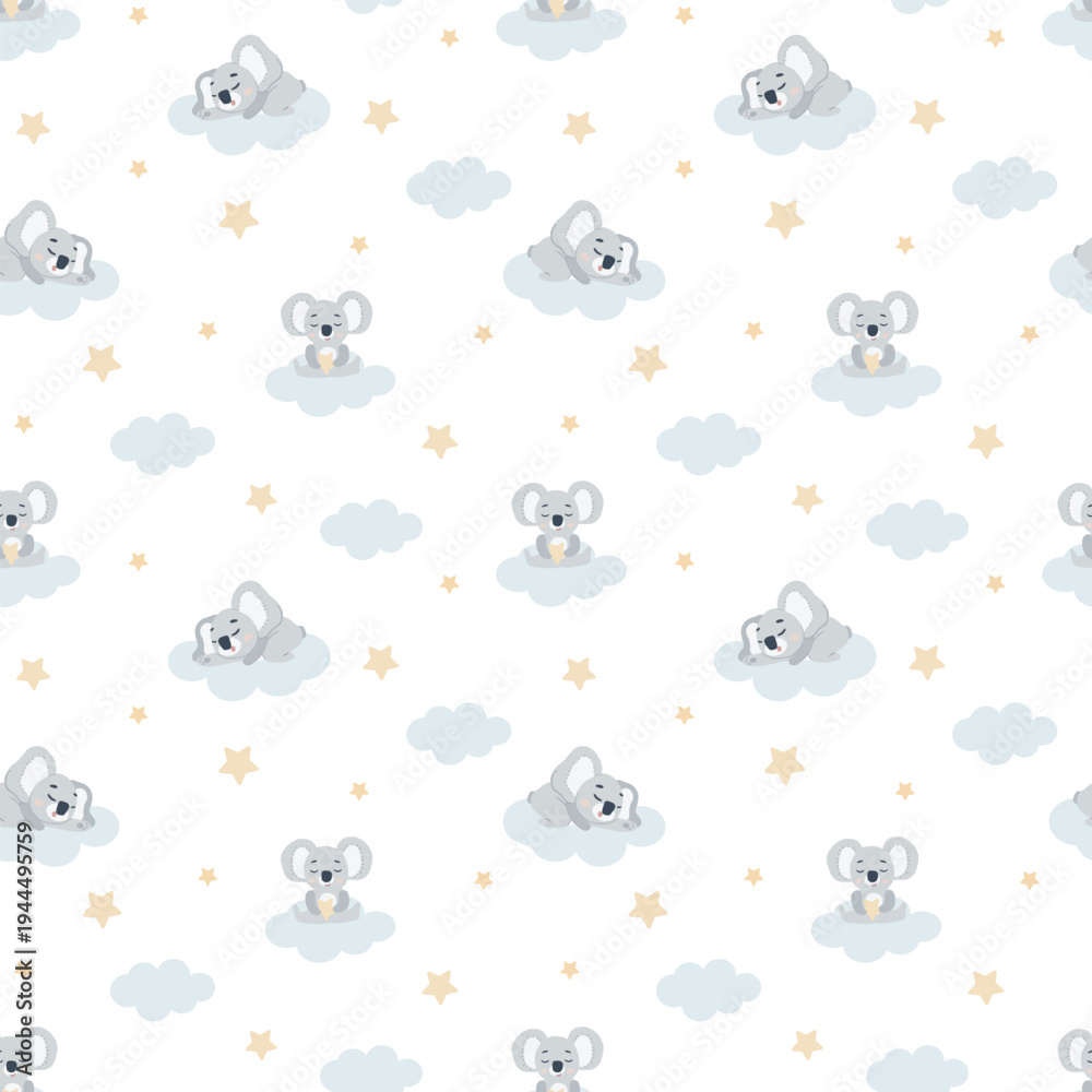 Obraz premium cute koala seamless pattern with clouds and stars