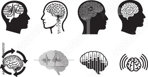 Human Brain and Artificial Intelligence Icon Set for Mental Health and Technology Concept