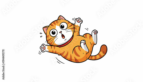 Cute orange tabby cat falling with wide eyes.