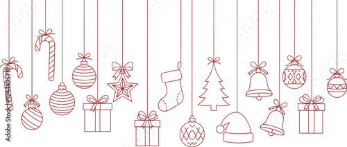 Minimalist, Red, Line, Art, Christmas, Hanging, Ornaments, on, White, Background, Continuous, Single, Drawing, Style, Festive, Holiday, Seamless, Border, Vector, Illustration