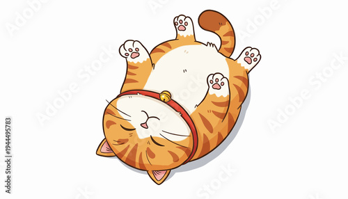Cute orange tabby cat sleeping on its back with a bell collar.