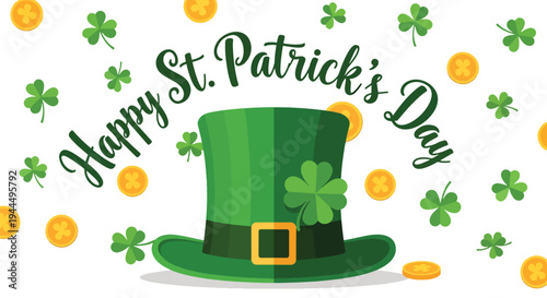 Modern vector illustration of Happy St. Patrick’s Day green top hat decorated with shamrock symbol in clean festive Irish holiday background
