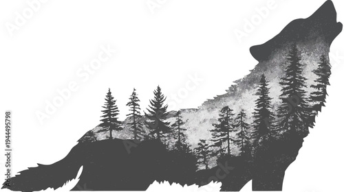 Majestic howling wolf silhouette with natural pine forest landscape inside, wild animal and nature double exposure art