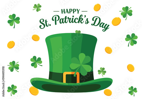 Modern vector illustration of Happy St. Patrick’s Day green top hat decorated with shamrock symbol in clean festive Irish holiday background