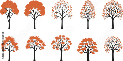 Autumn Tree Collection with Orange Fall Foliage, Seasonal Forest Trees, Maple Style Leaves, and Decorative Nature Silhouette Vector Set