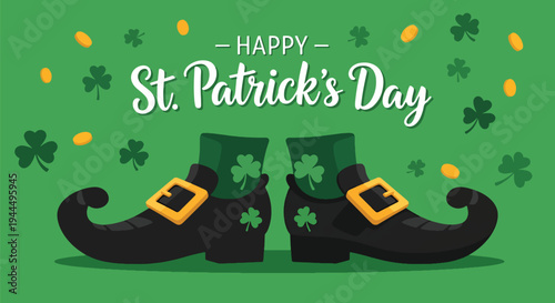 Modern vector illustration of Happy St. Patrick’s Day leprechaun shoes with gold buckles and shamrocks in bright festive green celebration setting