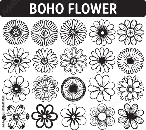 Boho flower illustrations set, decorative floral elements, vintage daisy outlines, simple blooming motifs, ethnic patterns