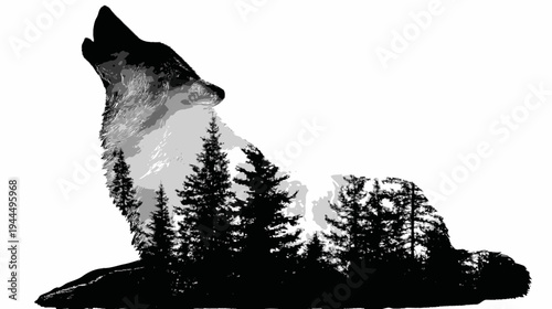 Majestic howling wolf silhouette embodying a serene forest landscape, symbolic double exposure nature illustration