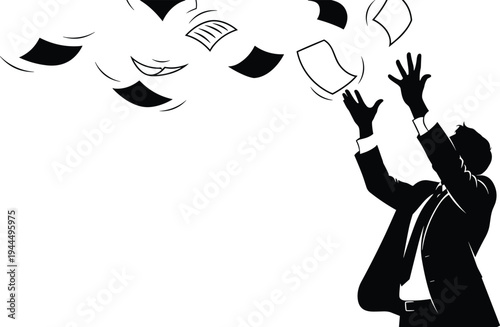 Stressed businessman throwing documents in air silhouette illustrating office workload pressure, deadline frustration, chaotic paperwork, corporate burnout and workplace stress concept