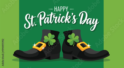 Modern vector illustration of Happy St. Patrick’s Day leprechaun shoes with gold buckles and shamrocks in bright festive green celebration setting
