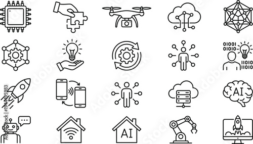 Artificial intelligence and technology line icon set with robot ai cloud data automation drone symbols minimal outline vector illustration