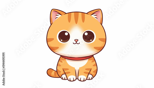 Cute orange tabby cat with big eyes and a red collar sitting on a white background, adorable cartoon illustration.