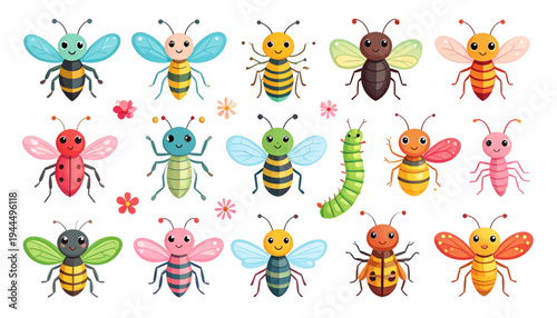 A vibrant collection of colorful cartoon bugs and insects in various poses and expressions isolated on transparent background