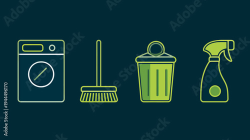 Household Cleaning and Laundry Icon Set with Washing Machine, Broom, Trash Can, and Spray Bottle. Home Hygiene Flat Vector.
