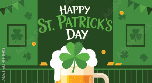 Modern vector illustration of Happy St. Patrick’s Day beer mug with foam and shamrock symbol in festive Irish pub celebration scene