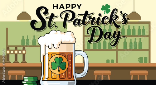 Modern vector illustration of Happy St. Patrick’s Day beer mug with foam and shamrock symbol in festive Irish pub celebration scene