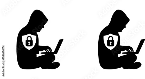 Professional vector illustration featuring silhouettes in hooded sweatshirts using laptops with shield and padlock icons, symbolizing cybersecurity, data protection, privacy, and secure computing bran