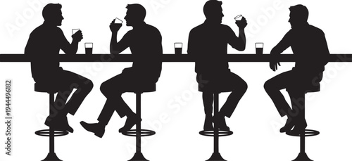 Dynamic silhouette illustration showcasing four male friends enjoying drinks at a bustling bar, capturing a moment of relaxed evening camaraderie and social interaction
