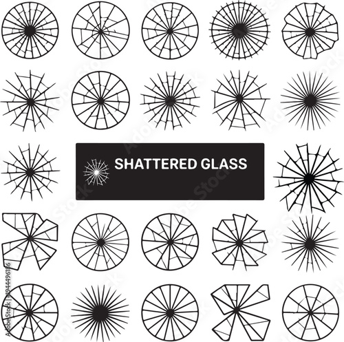 Collection of abstract shattered glass patterns representing impact and destruction on transparent background