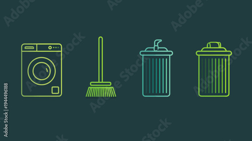 Household cleaning and waste management line art icons. Washing machine, broom, and trash cans in gradient style.