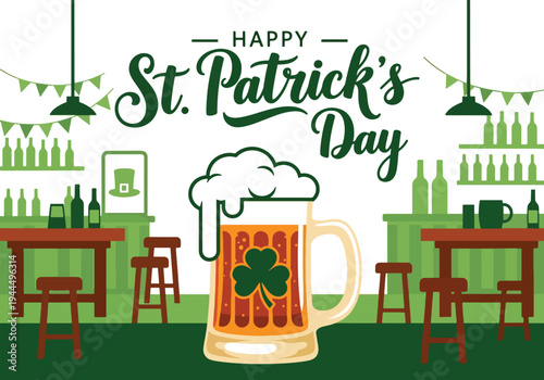 Modern vector illustration of Happy St. Patrick’s Day beer mug with foam and shamrock symbol in festive Irish pub celebration scene