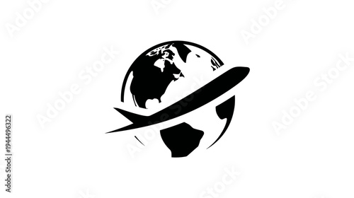 Global travel concept with airplane circling earth, symbolizing international journeys, flight, worldwide transport, and exploration.