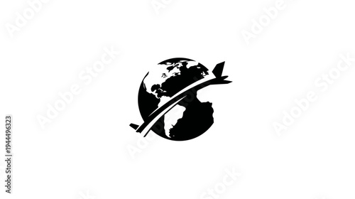 Minimalist Global Travel Symbol: Airplane Circling Earth Globe, Representing International Flights, Aviation, and Logistics