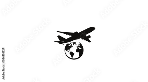 Global travel concept with airplane flying over a stylized world map. International flight, aviation, and transport symbol.