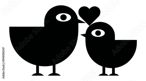 Affectionate black bird silhouettes with a heart symbol, representing love, family, and parental care. Simple graphic illustration.