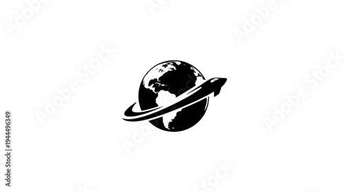 Black and white graphic of a stylized globe with an upward-pointing arrow orbiting, symbolizing global progress, travel, and connectivity.