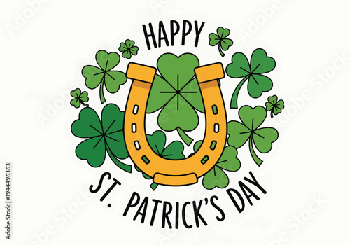 Modern vector illustration of Happy St. Patrick’s Day lucky horseshoe surrounded by shamrock clovers in festive green holiday design