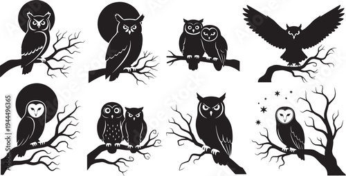 A captivating collection of stylized owl silhouettes perched on tree branches, embodying nocturnal mystery and forest wisdom. Versatile monochrome illustrations for nature-themed designs