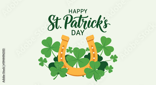 Modern vector illustration of Happy St. Patrick’s Day lucky horseshoe surrounded by shamrock clovers in festive green holiday design
