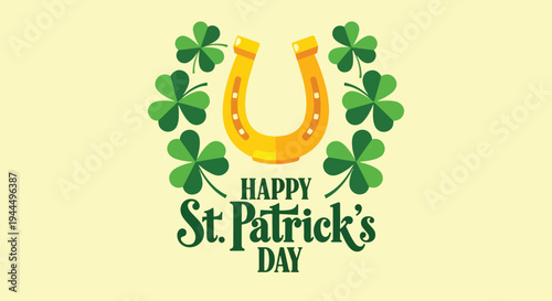 Modern vector illustration of Happy St. Patrick’s Day lucky horseshoe surrounded by shamrock clovers in festive green holiday design