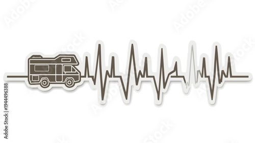 RV Campervan Travel Heartbeat Line Art Graphic. Minimalist Design Symbolizing Road Trip Passion, Outdoor Adventures, and Freedom.
