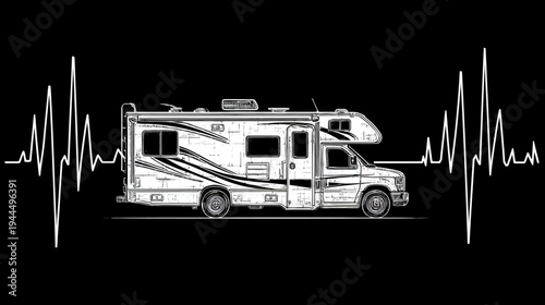 Recreational Vehicle Motorhome Heartbeat Graphic Design, RV Lifestyle Passion for Travel, Camping, and Road Trips
