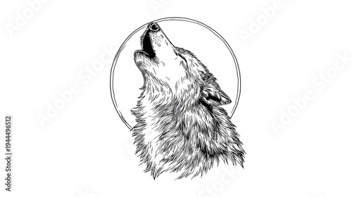 Detailed black and white sketch of a wolf howling, majestic wildlife illustration in hand-drawn vintage style with a circular backdrop.