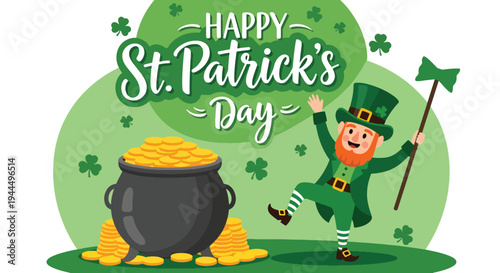 Modern vector illustration of Happy St. Patrick’s Day leprechaun dancing beside pot of gold with shamrocks in festive Irish celebration scene