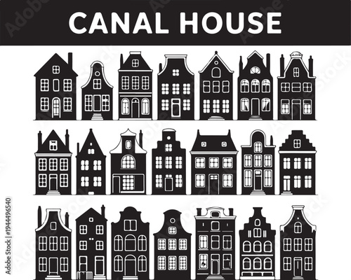 Collection of canal house facades in dutch architectural style for historic cityscapes and real estate themes