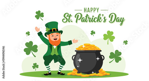 Modern vector illustration of Happy St. Patrick’s Day leprechaun dancing beside pot of gold with shamrocks in festive Irish celebration scene