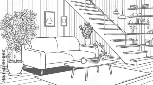 Contemporary living room interior design with staircase, sofa, coffee table, plants, and shelves line art illustration