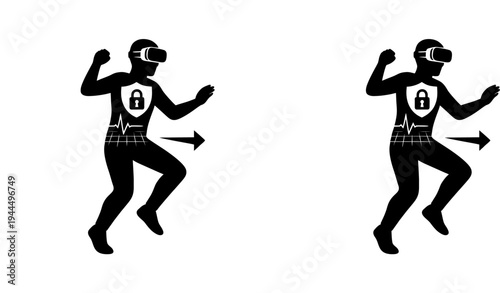 Professional vector illustration featuring silhouettes in dynamic motion with VR headsets, lock icons, heartbeat lines, and arrows, symbolizing virtual reality, biometric security, and digital health 